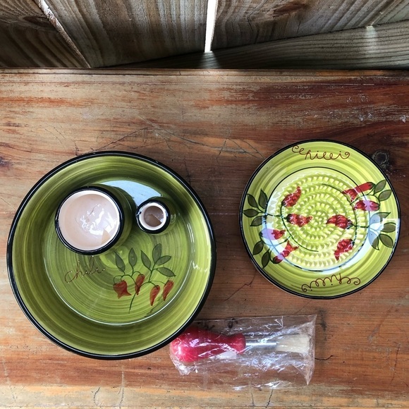 Fine French Ceramic Green Garlic Grater Dish with Brush & Green Olive Dish